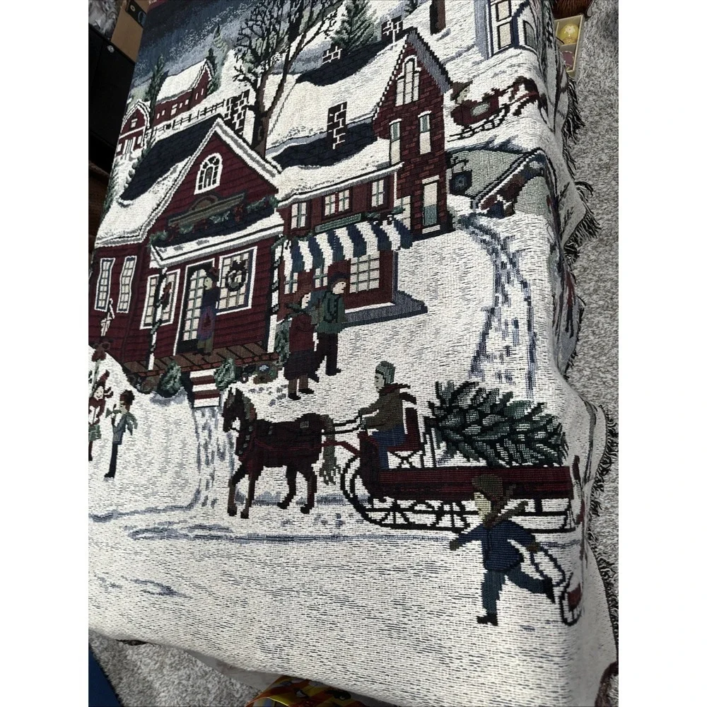 Vintage Christmas Village 46x54 Snow Throw‎ Blanket Tapestry Folk Grandma Sleigh